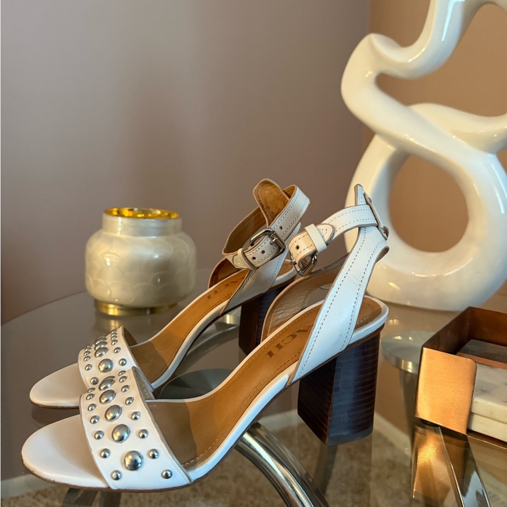 Coach Paige White Leather Studded Heeled Sandals